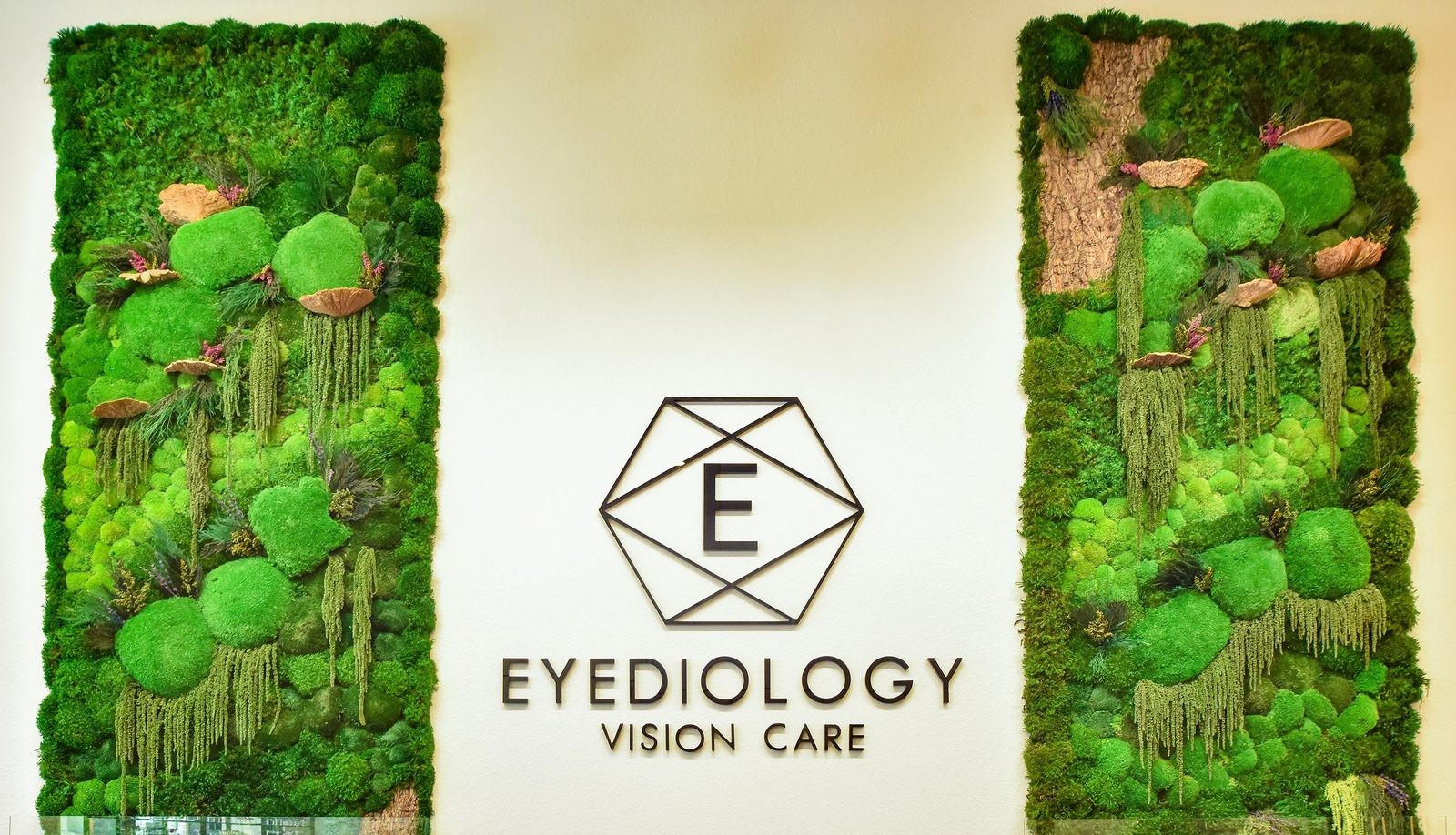 Custom Eyediology logo moss feature wall