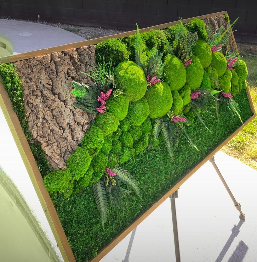 Preserved moss panel with floral accents