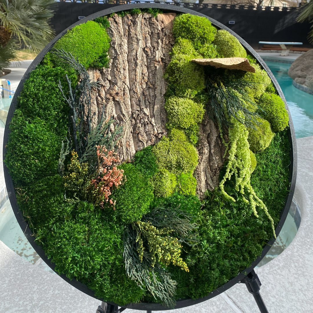 Round preserved moss art with driftwood