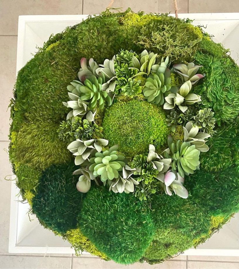Round preserved moss wreath with succulents