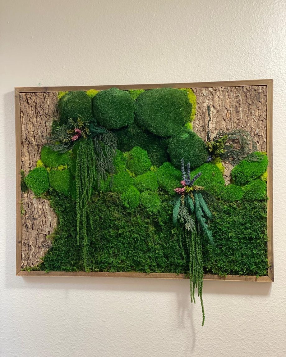 Preserved moss panel with cascading greenery